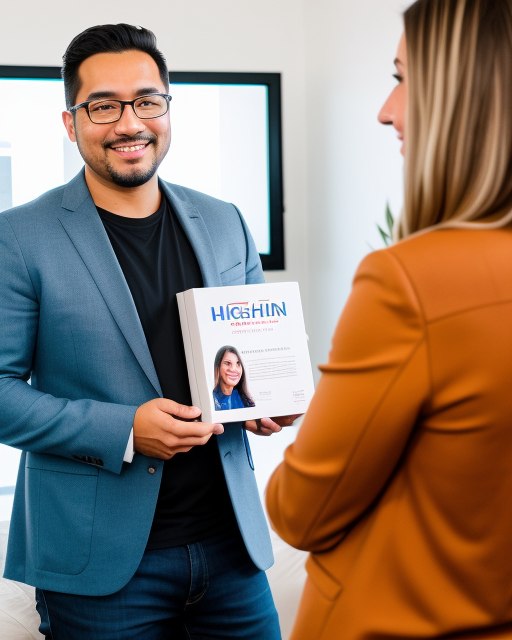 man from Dreamstarters Publishing with a book talking to a woman