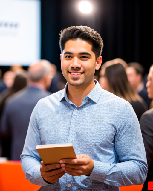 man from Dreamstarters Publishing holding a book in a crowd