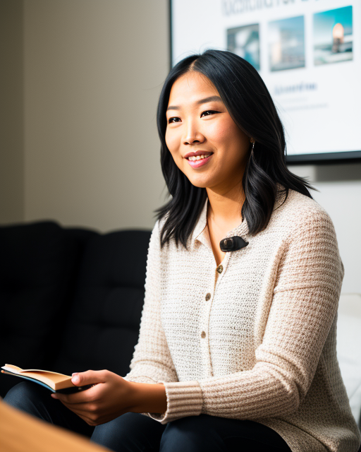 woman from Dreamstarters Publishing speaking while holding a book