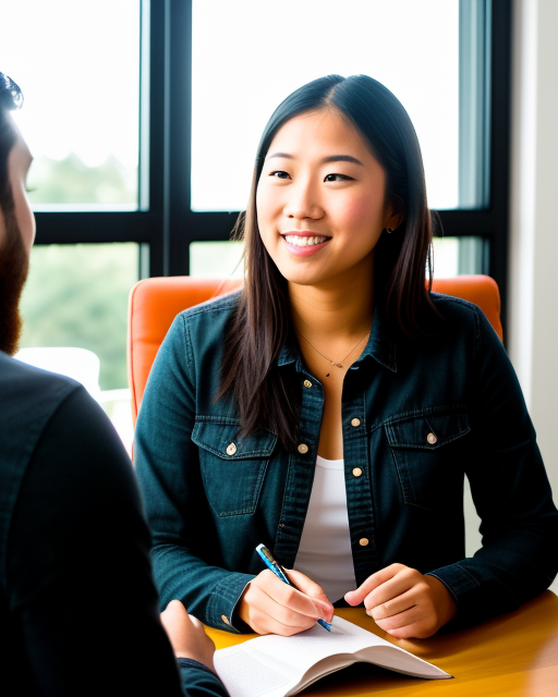 woman from Dreamstarters Publishing writing and talking to another person